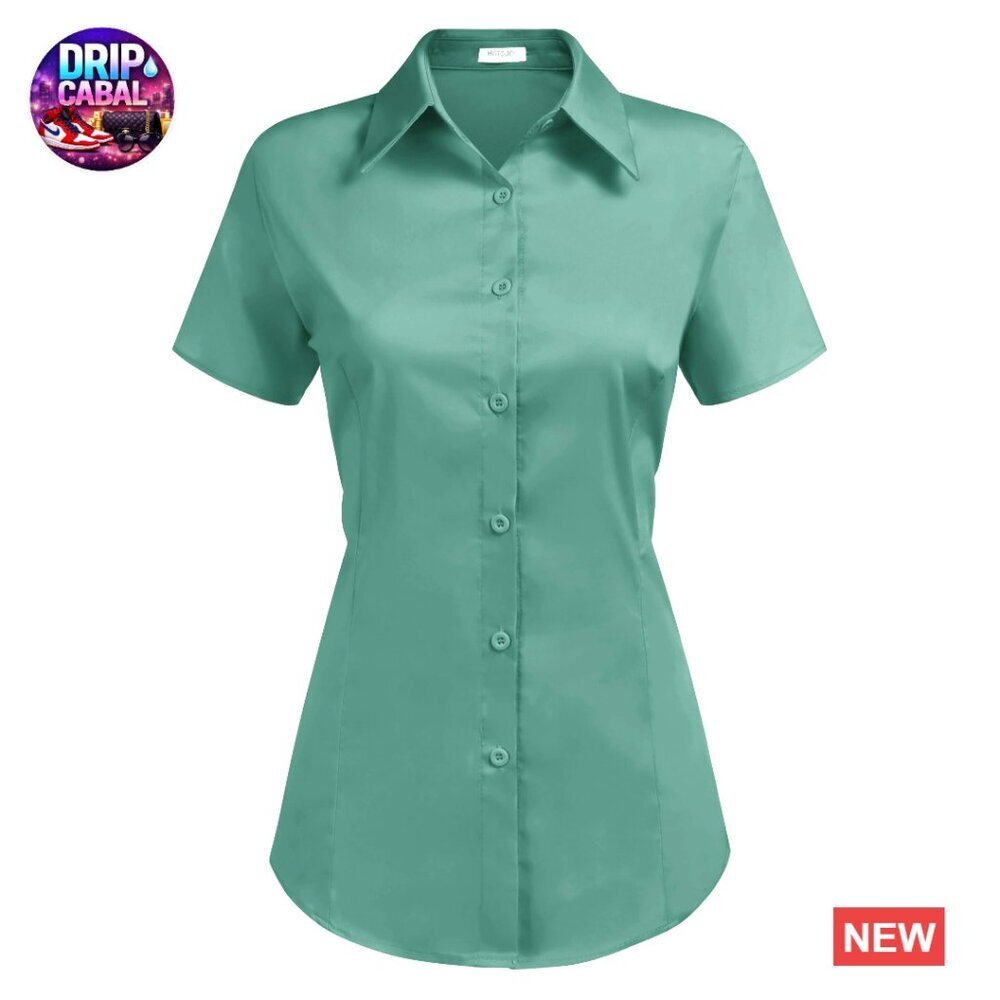 Classic Button Down Shirt Short Sleeve Stretchy Slim Fit Work Blouse